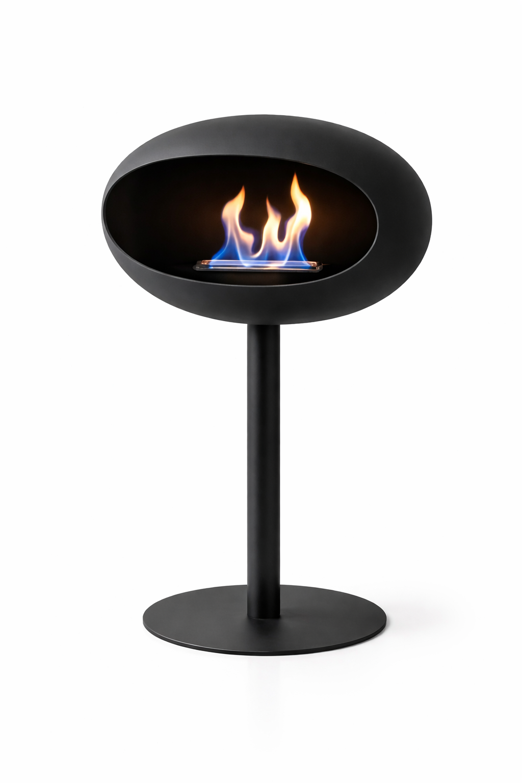 Cheminée bioéthanol design sphère ovale noire avec flamme réelle sans fumée